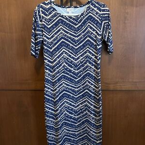 LulaRoe Julia Navy and Tan Chevron Dress Small